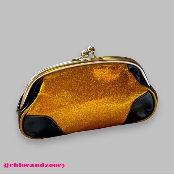 VTG Lux De Ville Gold Glitter Patent Kiss Lock Bowler Clutch Purse Bag Y2K - Picture 3 of 8